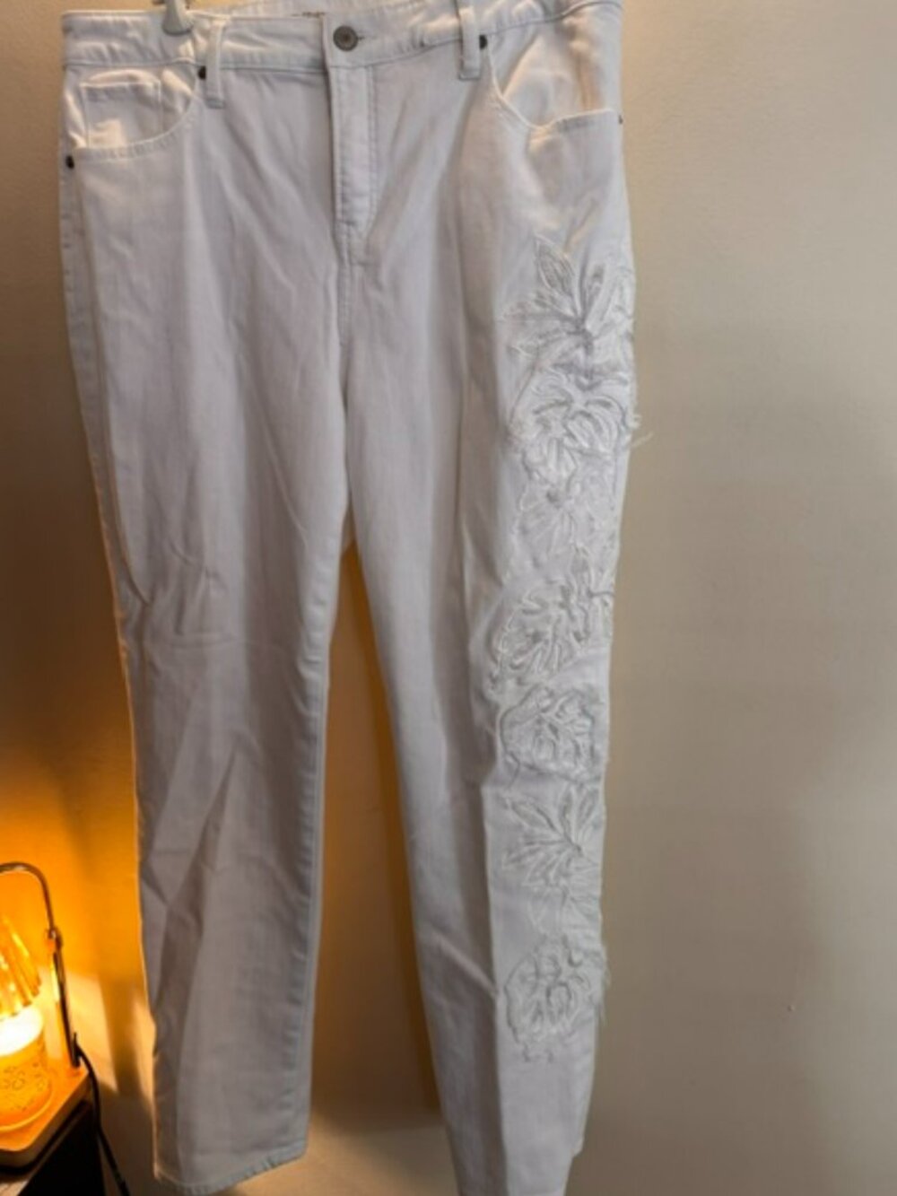 Chico's So Slimming Girlfriend ankle jeans in white with floral embroidery